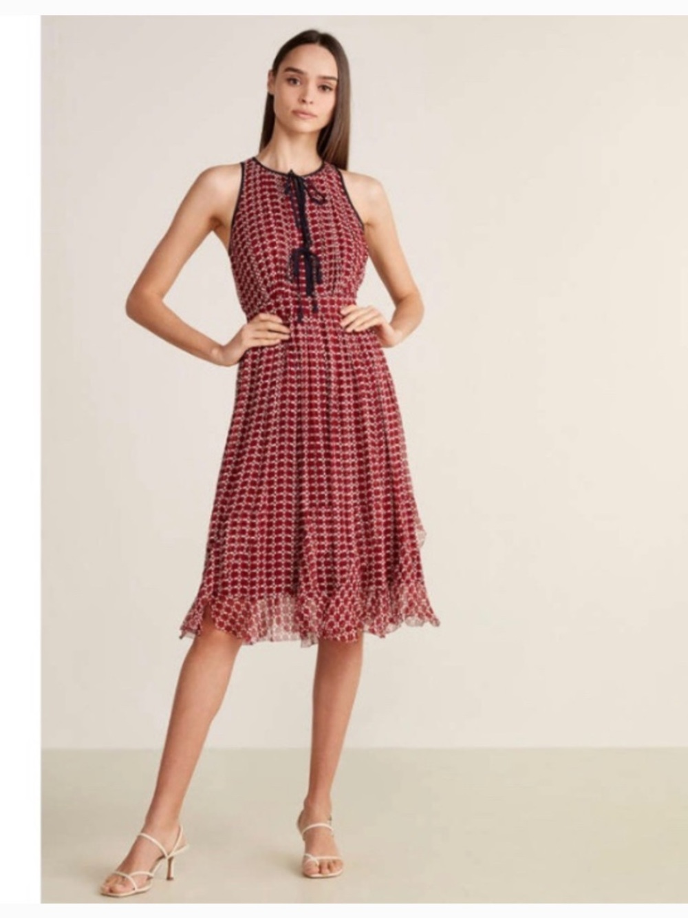 $428 Joie Garnet Red Rolanda Silk Geo Print Flounce Hem Midi Dress